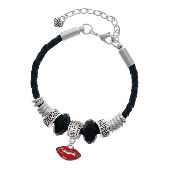 Delight Jewelry Silvertone Small Translucent Red Lips Wife Celtic Knot Leather Bead Bracelet, 7"+2" Extender