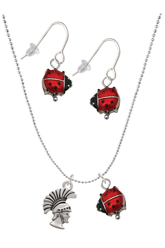 Silvertone Small Trojan - Mascot Red Lucky Ladybug Necklace and Dangle Earrings Set