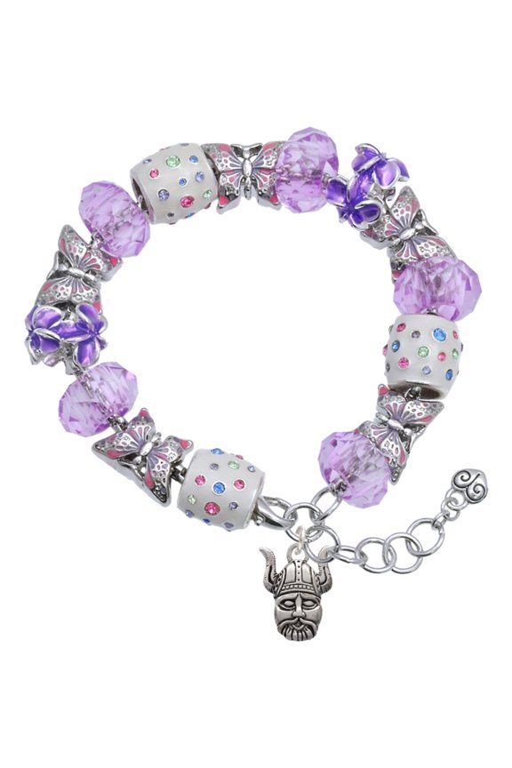 Silvertone Small Viking - Mascot Purple Butterfly Bead Charm Bracelet, 7"+1" Extender
