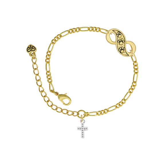 Delight Jewelry Silvertone Small White Crystal Cross Gold-tone Paw Infinity Link Chain Bracelet, 6"+2" Extender