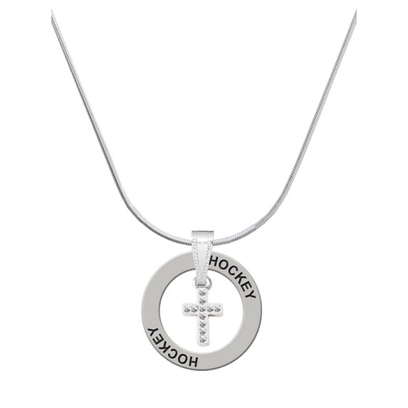 Delight Jewelry Silvertone Small White Crystal Cross Hockey Ring Charm Necklace, 18"