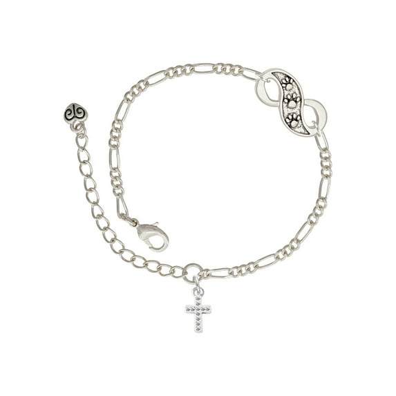 Delight Jewelry Silvertone Small White Crystal Cross Silver-tone Paw Infinity Link Chain Bracelet, 6"+2" Extender