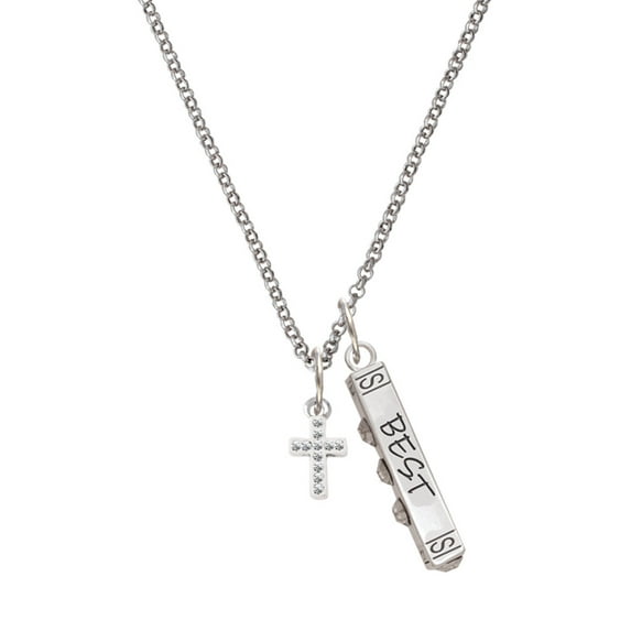 Delight Jewelry Silvertone Small White Crystal Cross Silvertone Best Friends Forever Bar Charm Necklace, 23"