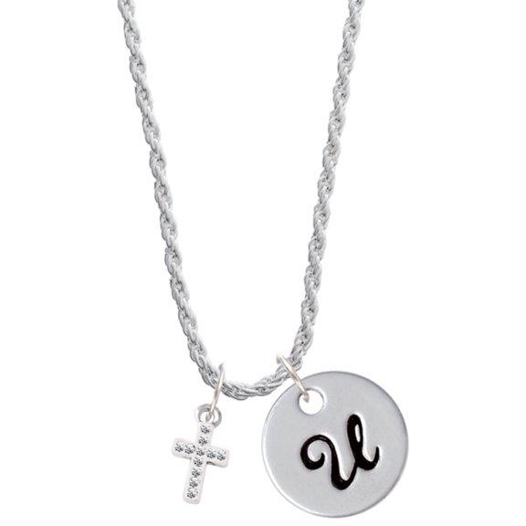 Delight Jewelry Silvertone Small White Crystal Cross Silvertone Script Initial Disc - U - Charm Necklace, 20"+3"