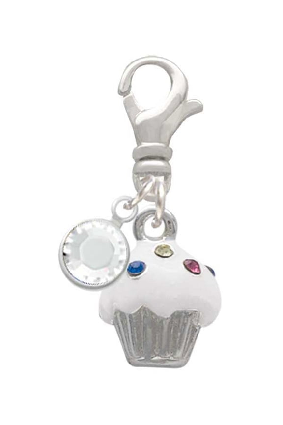 Silvertone Small White Cupcake with Crystal Sprinkles - Silvertone Clip on Charm with Clear Crystal Drop