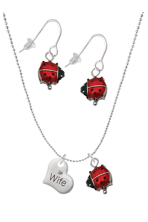 Silvertone Small Wife Heart Red Lucky Ladybug Necklace and Dangle Earrings Set