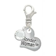 DELIGHT JEWELRY Silvertone Small Wonder Woman Heart - Silvertone Clip on Charm with Clear Crystal Drop