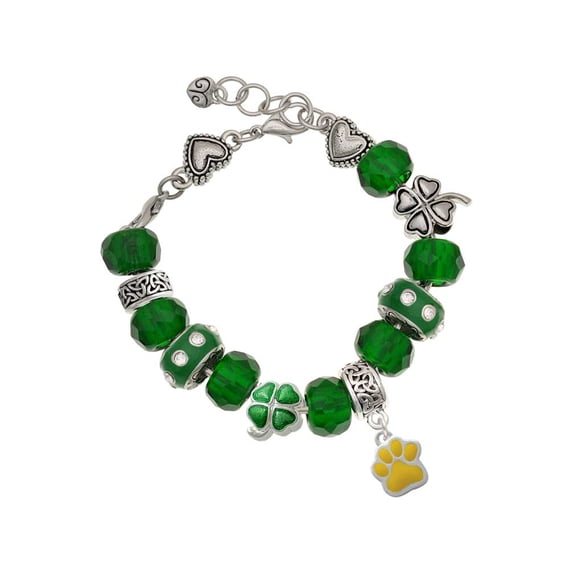 Delight Jewelry Silvertone Small Yellow Paw - Green Irish Luck Bead Charm Bracelet, 7.5"
