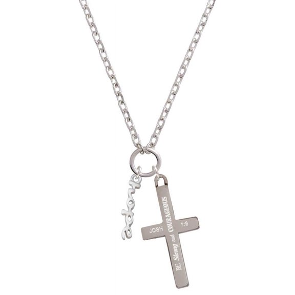 Delight Jewelry Silvertone Small hope Script Be Strong and Courageous Engraved Cross Zoey Necklace, 28"