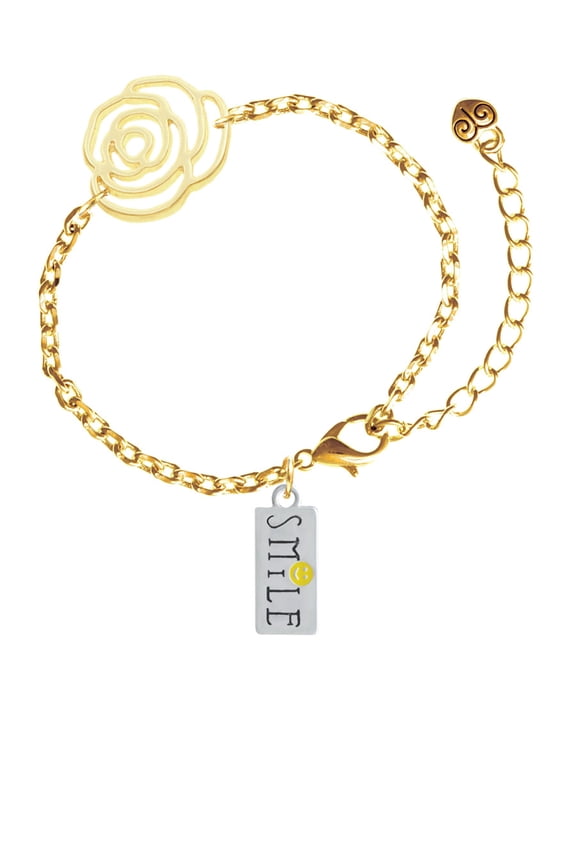 Silvertone Smile with Smiley Face Rectangle Gold-tone Flower Link Chain Bracelet, 6.75"+2" Extender
