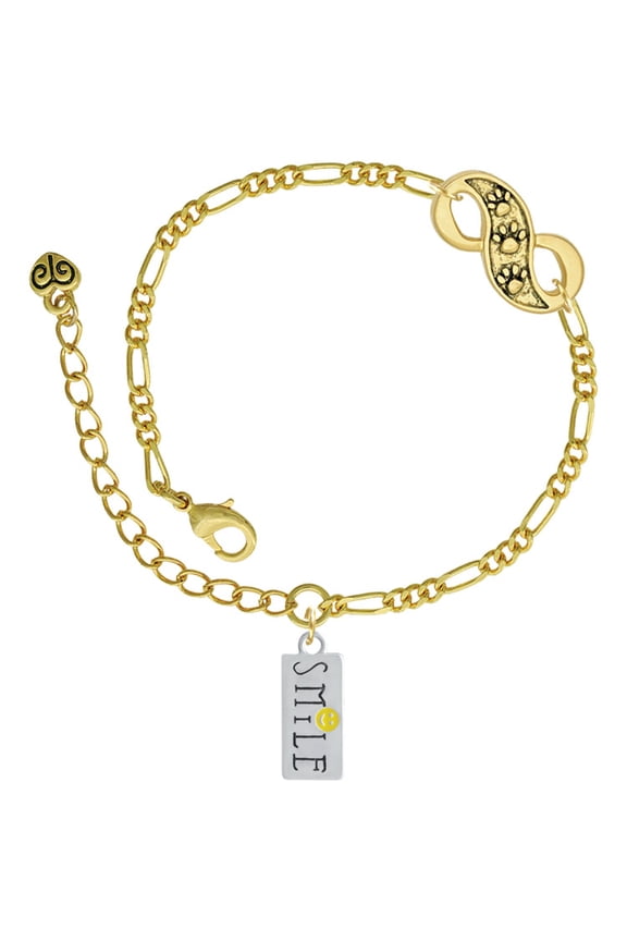Silvertone Smile with Smiley Face Rectangle Gold-tone Paw Infinity Link Chain Bracelet, 6"+2" Extender