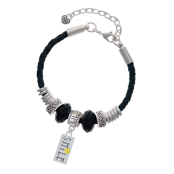 Delight Jewelry Silvertone Smile with Smiley Face Rectangle Lil Sister Celtic Knot Leather Bead Bracelet, 7"+2" Extender