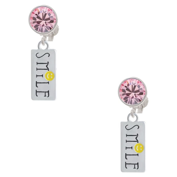 Delight Jewelry Silvertone Smile with Smiley Face Rectangle Pink Crystal Clip on Earrings