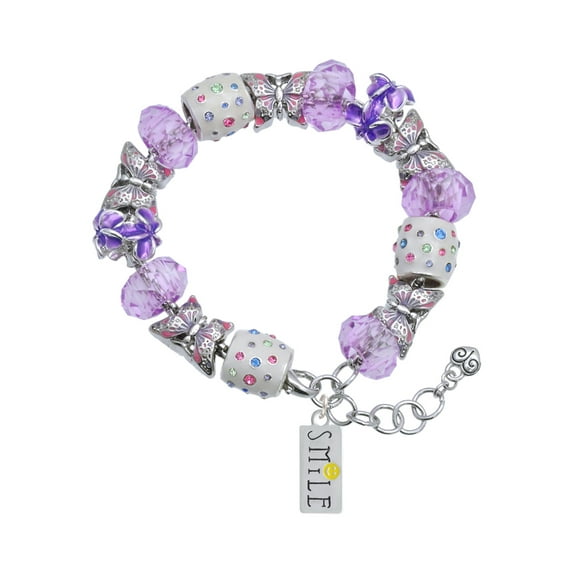 Delight Jewelry Silvertone Smile with Smiley Face Rectangle Purple Butterfly Bead Charm Bracelet, 7"+1" Extender