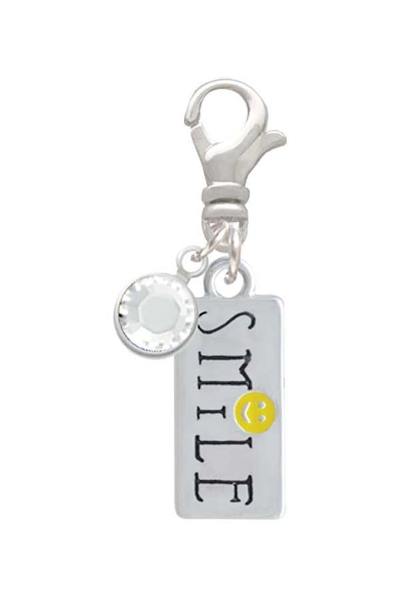 Silvertone Smile with Smiley Face Rectangle - Silvertone Clip on Charm with Clear Crystal Drop