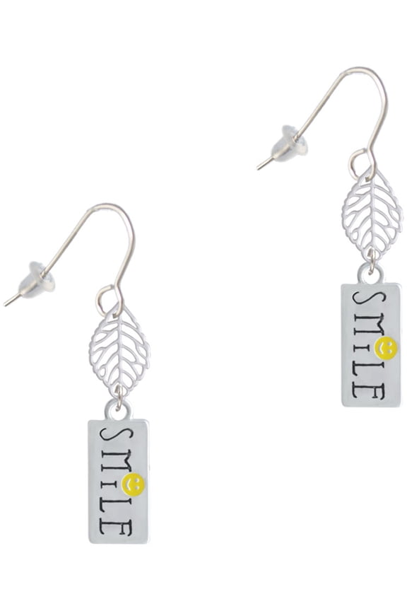 Silvertone Smile with Smiley Face Rectangle Silvertone Leaf French Earrings