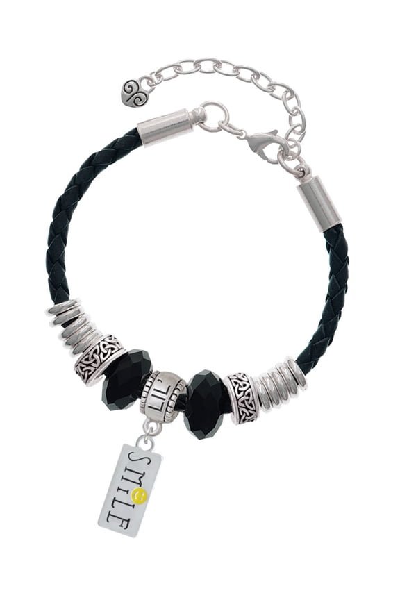 Silvertone Smile with Smiley Face Rectangle Sister Celtic Knot Leather Bead Bracelet, 7"+2" Extender