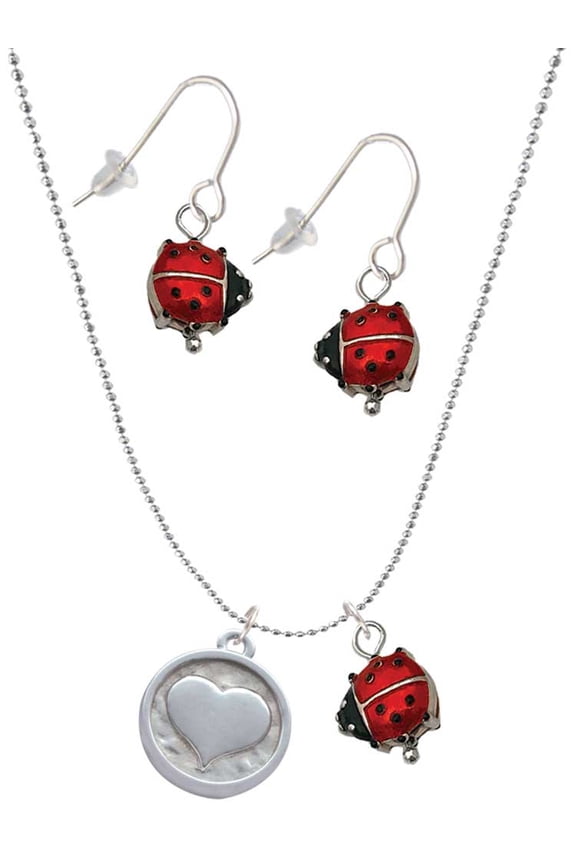 Silvertone Smooth Heart - Round Seal Red Lucky Ladybug Necklace and Dangle Earrings Set