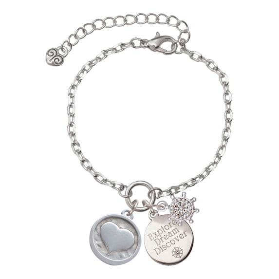 Delight Jewelry Silvertone Smooth Heart - Round Seal Silvertone Discover Dream Explore Zoey Charm Bracelet, 6.5+2" Extender