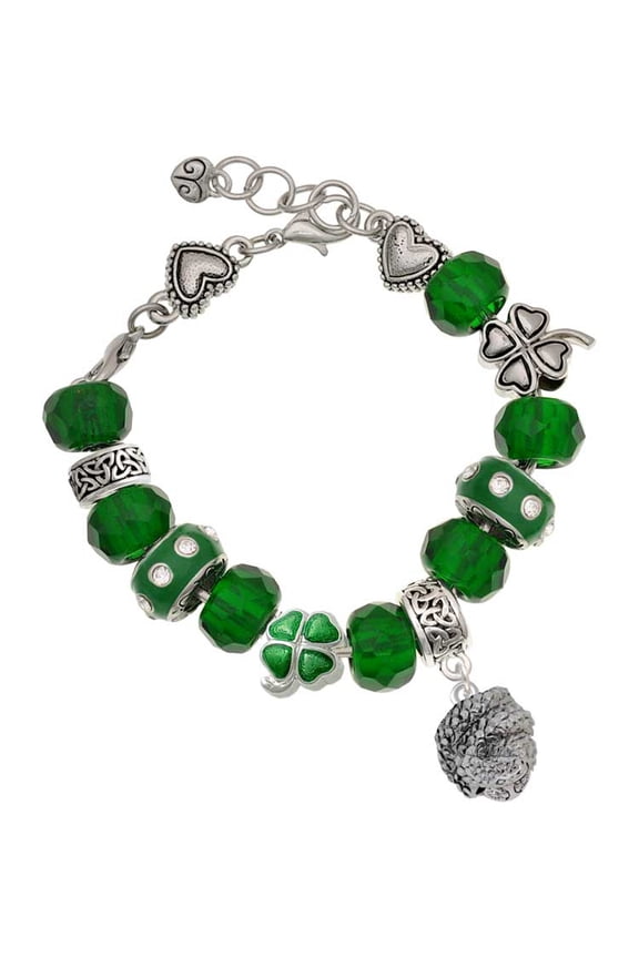 Silvertone Snake Wrapped Around Spinner - Green Irish Luck Bead Charm Bracelet, 7.5"