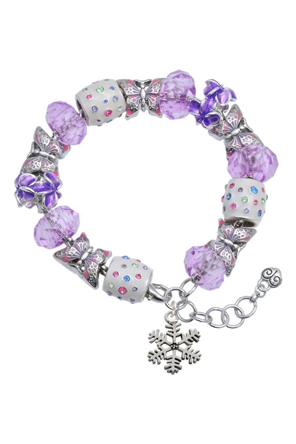 Silvertone Snowflake Purple Butterfly Bead Charm Bracelet, 7"+1" Extender
