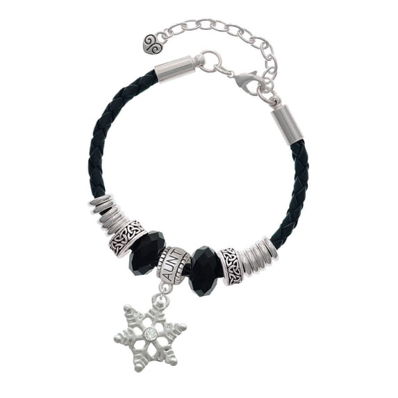 Delight Jewelry Silvertone Snowflake with Clear Crystal Aunt Celtic Knot Leather Bead Bracelet, 7"+2" Extender