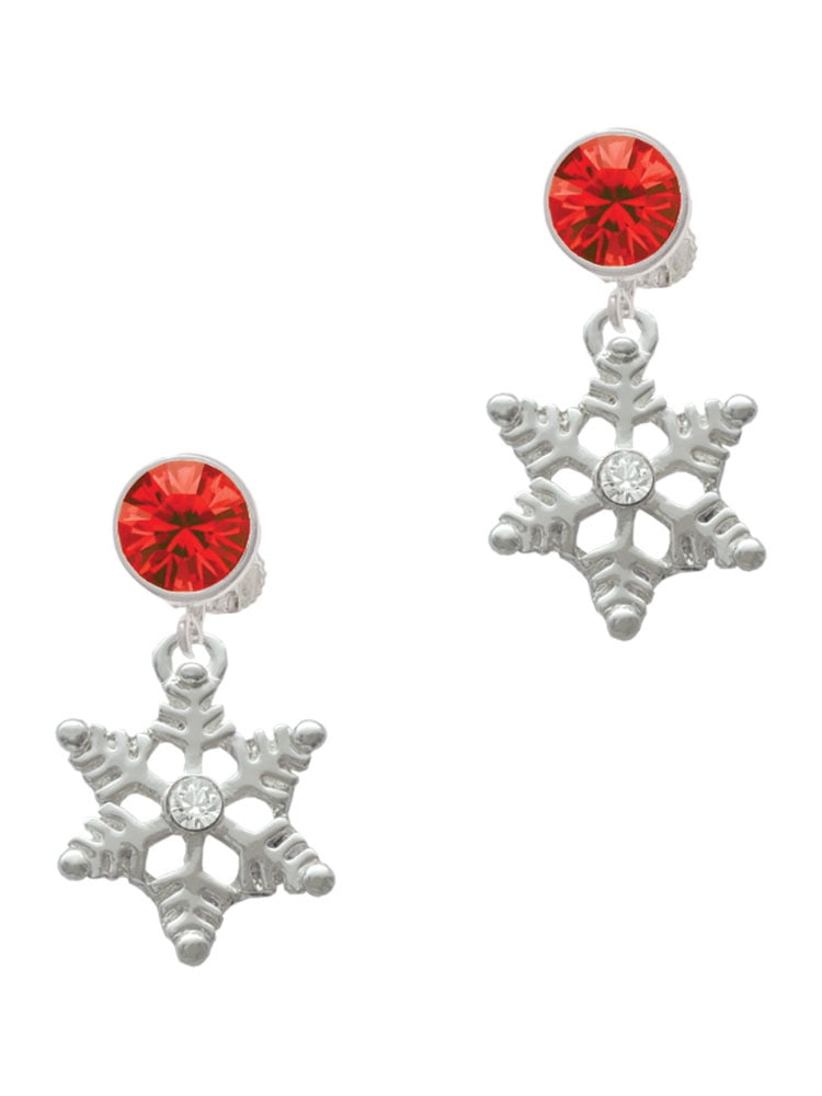 Delight Jewelry Silvertone Snowflake with Clear Crystal Red Crystal Clip on Earrings