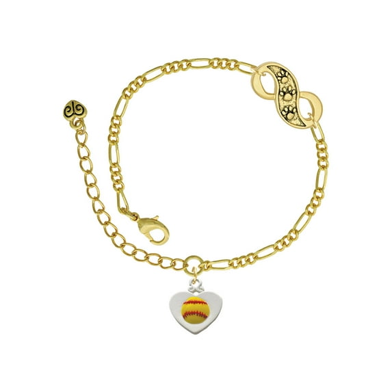 Delight Jewelry Silvertone Softball in Heart Gold-tone Paw Infinity Link Chain Bracelet, 6"+2" Extender