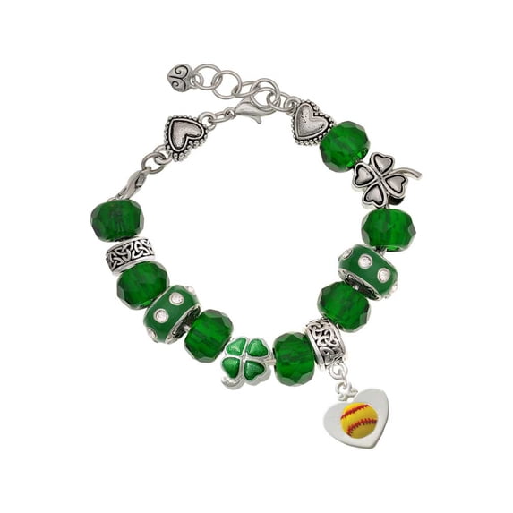 Delight Jewelry Silvertone Softball in Heart - Green Irish Luck Bead Charm Bracelet, 7.5"