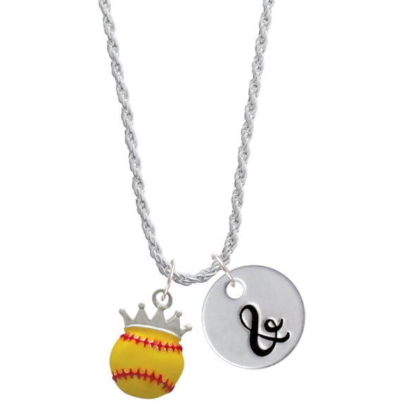Delight Jewelry Silvertone Softball optic yellow - Crown Silvertone Script Initial Disc - & - Charm Necklace, 20"+3"