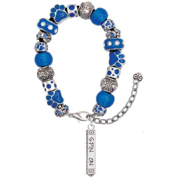 Delight Jewelry Silvertone Spin On Bar Blue Paw Print Bead Bracelet, 7"+2"