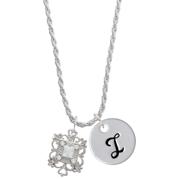 Delight Jewelry Silvertone Square AB Crystal with Filigree Silvertone Script Initial Disc - I - Charm Necklace, 20"+3"