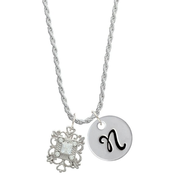 Delight Jewelry Silvertone Square AB Crystal with Filigree Silvertone Script Initial Disc - N - Charm Necklace, 20"+3"