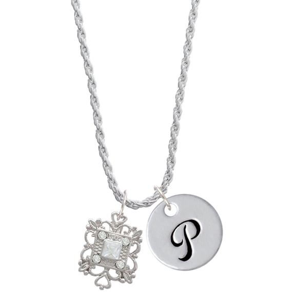 Delight Jewelry Silvertone Square AB Crystal with Filigree Silvertone Script Initial Disc - P - Charm Necklace, 20"+3"