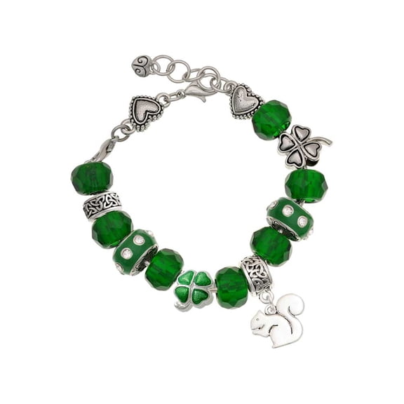 Delight Jewelry Silvertone Squirrel - Green Irish Luck Bead Charm Bracelet, 7.5"