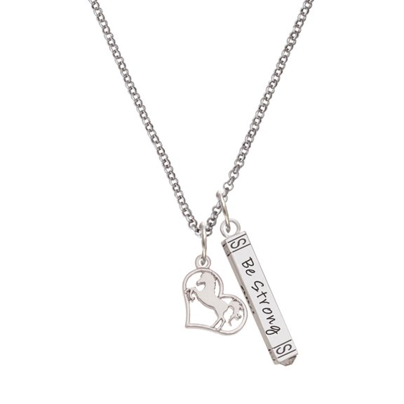 Delight Jewelry Silvertone Stallion Silhouette Heart Silvertone Be Strong and Courageous Bar Charm Necklace, 23"