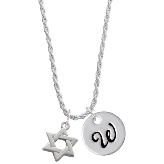 Delight Jewelry Silvertone Star Of David Silvertone Script Initial Disc - W - Charm Necklace, 20"+3"