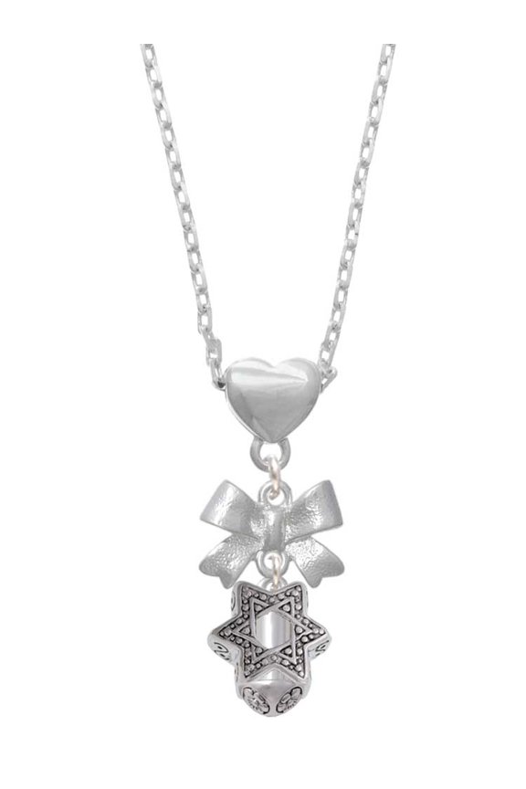 Silvertone Star of David Spinner Silver tone Bow Heart Necklace