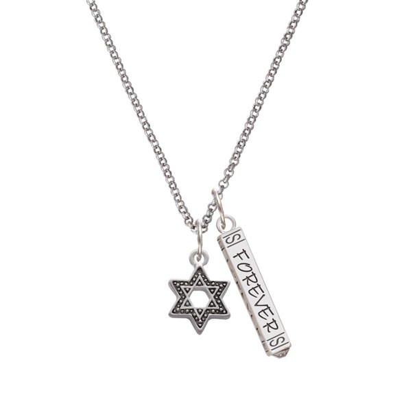 Delight Jewelry Silvertone Star of David with Beaded Border Silvertone Forever Bar Charm Necklace, 23"
