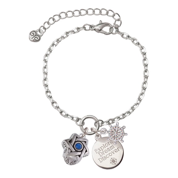 Delight Jewelry Silvertone Star of David with Blue Crystal Spinner Silvertone Discover Dream Explore Zoey Charm Bracelet, 6.5+2" Extender