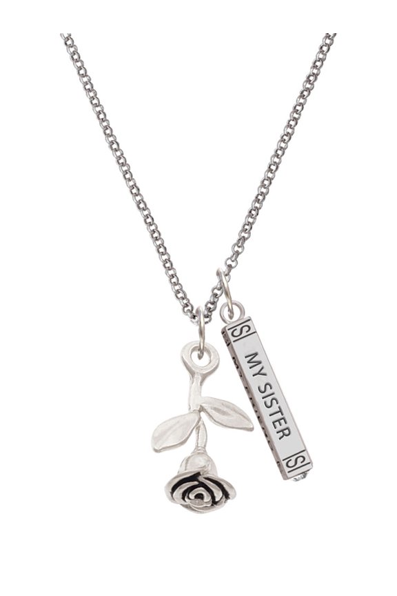 Silvertone Stemmed Rose Silvertone Always My Sister Bar Charm Necklace, 23"