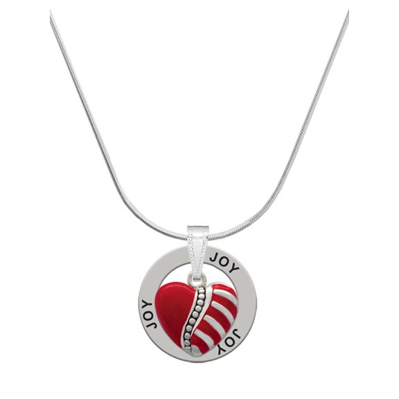 Delight Jewelry Silvertone Striped Red Enamel Heart with Beaded Decoration Joy Ring Charm Necklace, 18"