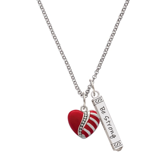 Delight Jewelry Silvertone Striped Red Enamel Heart with Beaded Decoration Silvertone Be Strong and Courageous Bar Charm Necklace, 23"