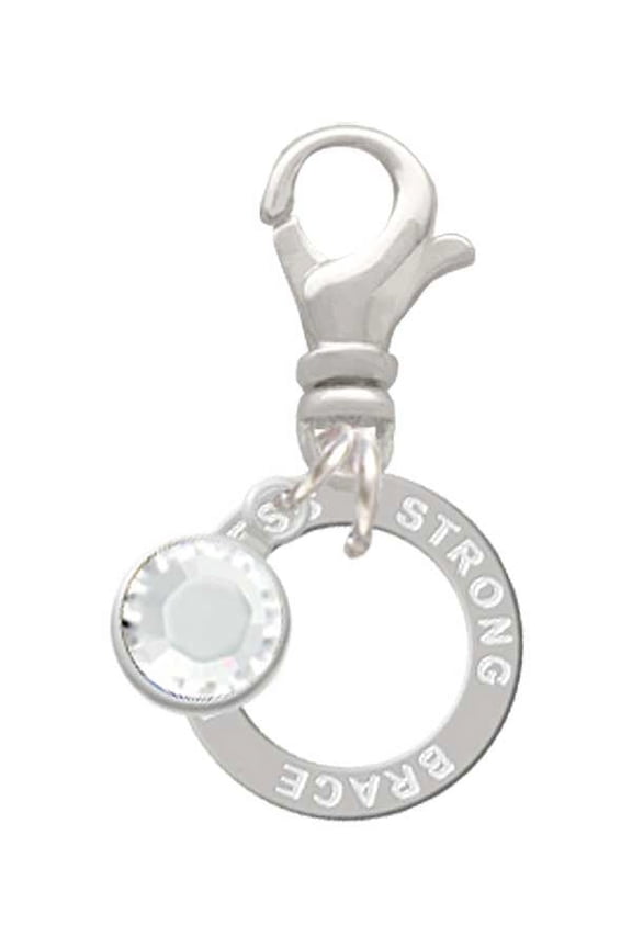 Silvertone Strong Brave Fearless Infinity Ring - Silvertone Clip on Charm with Clear Crystal Drop