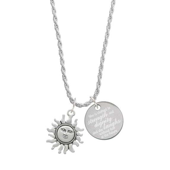 Delight Jewelry Silvertone Sun She is Clothed in Stength and Dignity Charm Necklace, 20"+3"