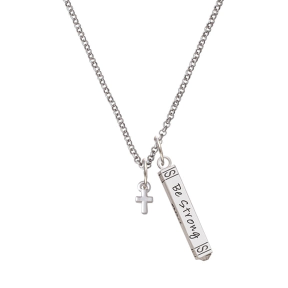 Delight Jewelry Silvertone Super Mini Simple Cross Silvertone Be Strong and Courageous Bar Charm Necklace, 23"