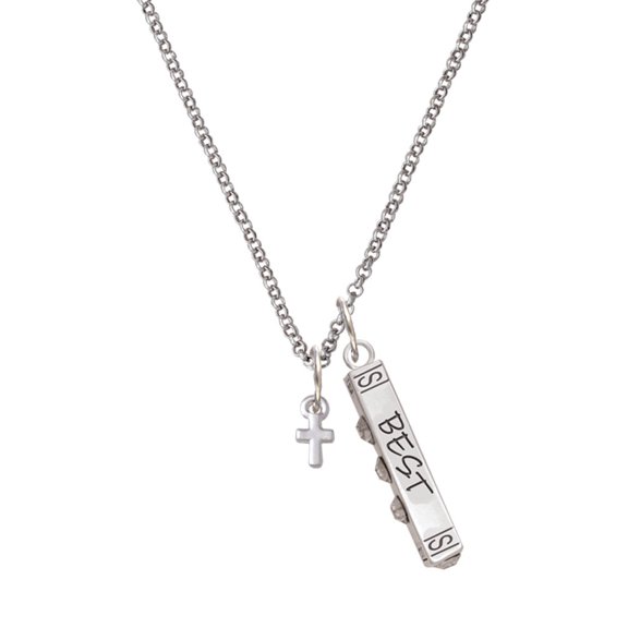 Delight Jewelry Silvertone Super Mini Simple Cross Silvertone Best Friends Forever Bar Charm Necklace, 23"