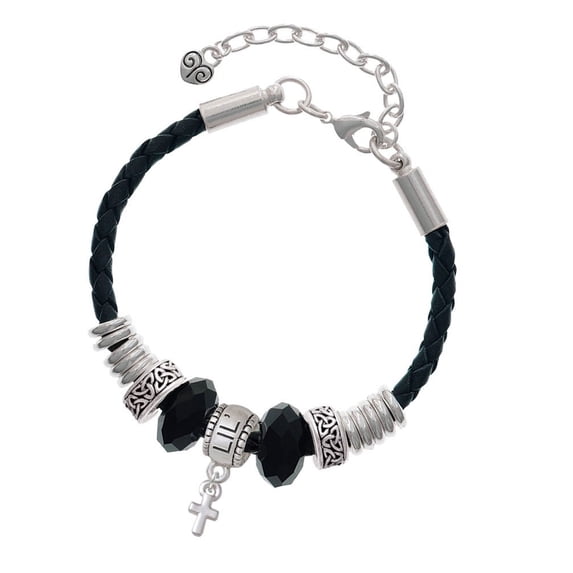 Delight Jewelry Silvertone Super Mini Simple Cross Sister Celtic Knot Leather Bead Bracelet, 7"+2" Extender