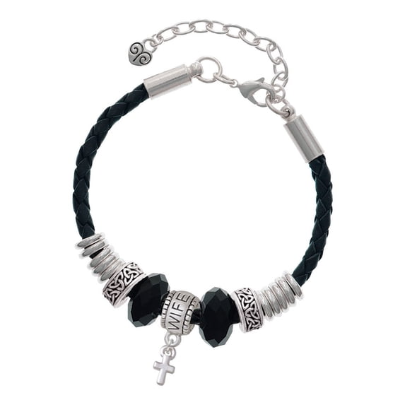 Delight Jewelry Silvertone Super Mini Simple Cross Wife Celtic Knot Leather Bead Bracelet, 7"+2" Extender