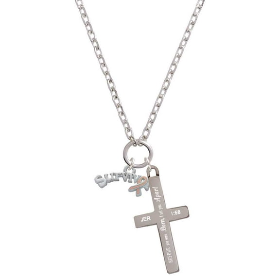 Delight Jewelry Silvertone Survivor with Pink Ribbon I Set You Apart Engraved Cross Zoey Necklace, 28"